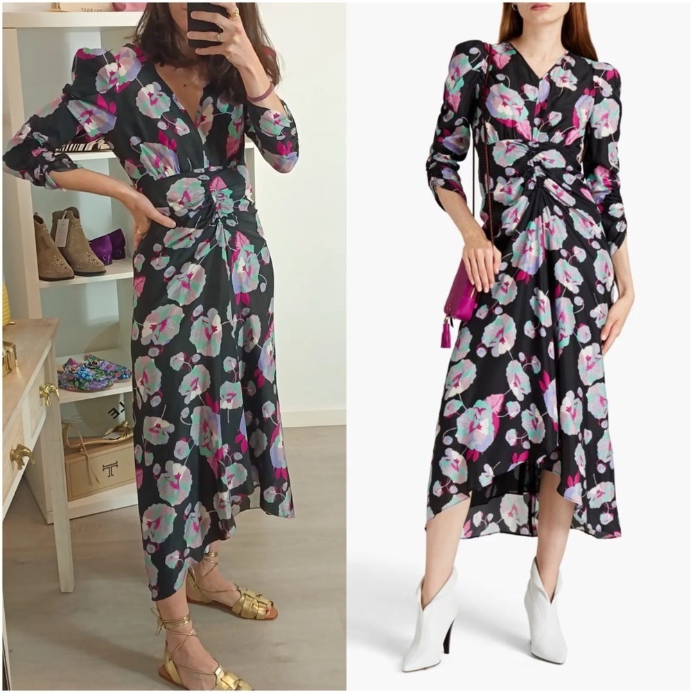 ISABEL MARANT Albi Ruched Floral Print Silk Satin Midi Dress